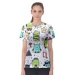 Seamless Pattern With Funny Monsters Cartoon Hand Drawn Characters Colorful Unusual Creatures Women s Sport Mesh Tee