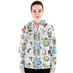 Seamless Pattern With Funny Monsters Cartoon Hand Drawn Characters Colorful Unusual Creatures Women s Zipper Hoodie