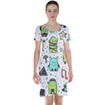 Seamless Pattern With Funny Monsters Cartoon Hand Drawn Characters Colorful Unusual Creatures Short Sleeve Nightdress
