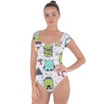 Seamless Pattern With Funny Monsters Cartoon Hand Drawn Characters Colorful Unusual Creatures Short Sleeve Leotard 