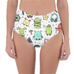 Seamless Pattern With Funny Monsters Cartoon Hand Drawn Characters Colorful Unusual Creatures Reversible High-Waist Bikini Bottoms