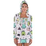 Seamless Pattern With Funny Monsters Cartoon Hand Drawn Characters Colorful Unusual Creatures Long Sleeve Hooded T-shirt