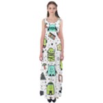 Seamless Pattern With Funny Monsters Cartoon Hand Drawn Characters Colorful Unusual Creatures Empire Waist Maxi Dress