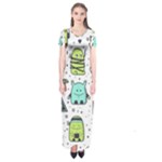 Seamless Pattern With Funny Monsters Cartoon Hand Drawn Characters Colorful Unusual Creatures Short Sleeve Maxi Dress