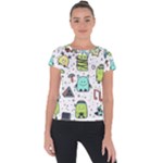 Seamless Pattern With Funny Monsters Cartoon Hand Drawn Characters Colorful Unusual Creatures Short Sleeve Sports Top 