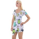 Seamless Pattern With Funny Monsters Cartoon Hand Drawn Characters Colorful Unusual Creatures Short Sleeve Asymmetric Mini Dress