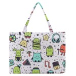 Seamless Pattern With Funny Monsters Cartoon Hand Drawn Characters Colorful Unusual Creatures Zipper Medium Tote Bag