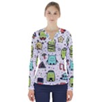 Seamless Pattern With Funny Monsters Cartoon Hand Drawn Characters Colorful Unusual Creatures V-Neck Long Sleeve Top