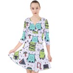 Seamless Pattern With Funny Monsters Cartoon Hand Drawn Characters Colorful Unusual Creatures Quarter Sleeve Front Wrap Dress