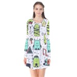 Seamless Pattern With Funny Monsters Cartoon Hand Drawn Characters Colorful Unusual Creatures Long Sleeve V-neck Flare Dress