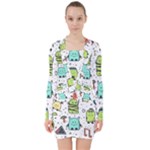 Seamless Pattern With Funny Monsters Cartoon Hand Drawn Characters Colorful Unusual Creatures V-neck Bodycon Long Sleeve Dress