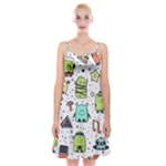 Seamless Pattern With Funny Monsters Cartoon Hand Drawn Characters Colorful Unusual Creatures Spaghetti Strap Velvet Dress