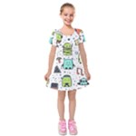 Seamless Pattern With Funny Monsters Cartoon Hand Drawn Characters Colorful Unusual Creatures Kids  Short Sleeve Velvet Dress