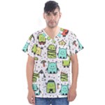 Seamless Pattern With Funny Monsters Cartoon Hand Drawn Characters Colorful Unusual Creatures Men s V-Neck Scrub Top