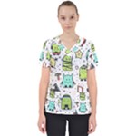 Seamless Pattern With Funny Monsters Cartoon Hand Drawn Characters Colorful Unusual Creatures Women s V-Neck Scrub Top