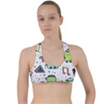 Seamless Pattern With Funny Monsters Cartoon Hand Drawn Characters Colorful Unusual Creatures Criss Cross Racerback Sports Bra