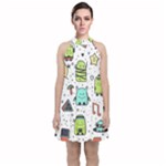 Seamless Pattern With Funny Monsters Cartoon Hand Drawn Characters Colorful Unusual Creatures Velvet Halter Neckline Dress 