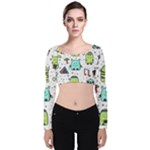 Seamless Pattern With Funny Monsters Cartoon Hand Drawn Characters Colorful Unusual Creatures Velvet Long Sleeve Crop Top