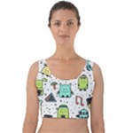 Seamless Pattern With Funny Monsters Cartoon Hand Drawn Characters Colorful Unusual Creatures Velvet Crop Top