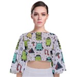 Seamless Pattern With Funny Monsters Cartoon Hand Drawn Characters Colorful Unusual Creatures Tie Back Butterfly Sleeve Chiffon Top