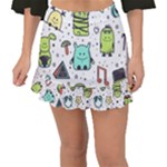 Seamless Pattern With Funny Monsters Cartoon Hand Drawn Characters Colorful Unusual Creatures Fishtail Mini Chiffon Skirt