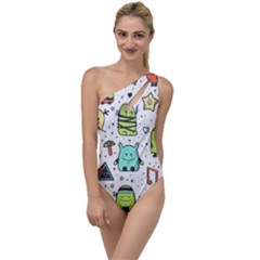 Seamless Pattern With Funny Monsters Cartoon Hand Drawn Characters Colorful Unusual Creatures To One Side Swimsuit by Nexatart