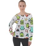 Seamless Pattern With Funny Monsters Cartoon Hand Drawn Characters Colorful Unusual Creatures Off Shoulder Long Sleeve Velour Top