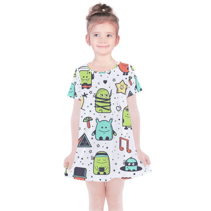 Seamless Pattern With Funny Monsters Cartoon Hand Drawn Characters Colorful Unusual Creatures Kids  Simple Cotton Dress