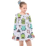 Seamless Pattern With Funny Monsters Cartoon Hand Drawn Characters Colorful Unusual Creatures Kids  Long Sleeve Dress