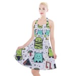 Seamless Pattern With Funny Monsters Cartoon Hand Drawn Characters Colorful Unusual Creatures Halter Party Swing Dress 