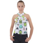 Seamless Pattern With Funny Monsters Cartoon Hand Drawn Characters Colorful Unusual Creatures Cross Neck Velour Top