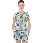Seamless Pattern With Funny Monsters Cartoon Hand Drawn Characters Colorful Unusual Creatures Women s Tee and Shorts Set