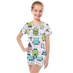 Seamless Pattern With Funny Monsters Cartoon Hand Drawn Characters Colorful Unusual Creatures Kids  Mesh Tee and Shorts Set