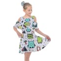 Seamless Pattern With Funny Monsters Cartoon Hand Drawn Characters Colorful Unusual Creatures Kids  Shoulder Cutout Chiffon Dress View1