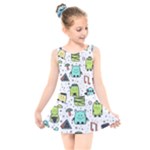 Seamless Pattern With Funny Monsters Cartoon Hand Drawn Characters Colorful Unusual Creatures Kids  Skater Dress Swimsuit