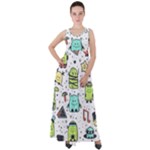 Seamless Pattern With Funny Monsters Cartoon Hand Drawn Characters Colorful Unusual Creatures Empire Waist Velour Maxi Dress