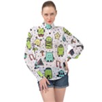 Seamless Pattern With Funny Monsters Cartoon Hand Drawn Characters Colorful Unusual Creatures High Neck Long Sleeve Chiffon Top