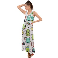 Seamless Pattern With Funny Monsters Cartoon Hand Drawn Characters Colorful Unusual Creatures V-neck Chiffon Maxi Dress by Nexatart