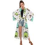 Seamless Pattern With Funny Monsters Cartoon Hand Drawn Characters Colorful Unusual Creatures Maxi Kimono