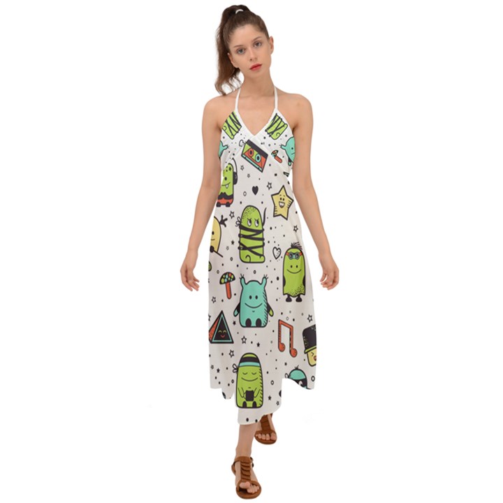 Seamless Pattern With Funny Monsters Cartoon Hand Drawn Characters Colorful Unusual Creatures Halter Tie Back Dress 