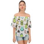Seamless Pattern With Funny Monsters Cartoon Hand Drawn Characters Colorful Unusual Creatures Off Shoulder Short Sleeve Top