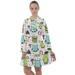 Seamless Pattern With Funny Monsters Cartoon Hand Drawn Characters Colorful Unusual Creatures All Frills Chiffon Dress