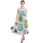 Seamless Pattern With Funny Monsters Cartoon Hand Drawn Characters Colorful Unusual Creatures Round Neck Boho Dress
