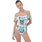 Seamless Pattern With Funny Monsters Cartoon Hand Drawn Characters Colorful Unusual Creatures Frill Detail One Piece Swimsuit