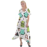 Seamless Pattern With Funny Monsters Cartoon Hand Drawn Characters Colorful Unusual Creatures Cross Front Sharkbite Hem Maxi Dress