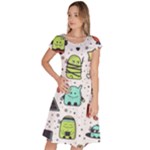 Seamless Pattern With Funny Monsters Cartoon Hand Drawn Characters Colorful Unusual Creatures Classic Short Sleeve Dress