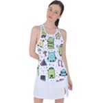 Seamless Pattern With Funny Monsters Cartoon Hand Drawn Characters Colorful Unusual Creatures Racer Back Mesh Tank Top