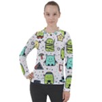Seamless Pattern With Funny Monsters Cartoon Hand Drawn Characters Colorful Unusual Creatures Women s Pique Long Sleeve Tee