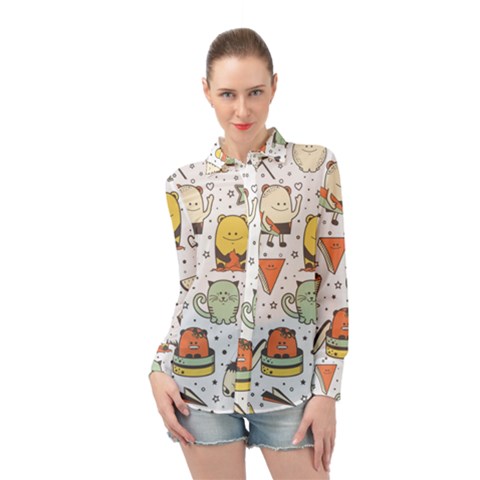 Funny Seamless Pattern With Cartoon Monsters Personage Colorful Hand Drawn Characters Unusual Creatu Long Sleeve Chiffon Shirt by Nexatart