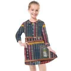 Books Library Bookshelf Bookshop Kids  Quarter Sleeve Shirt Dress by Nexatart